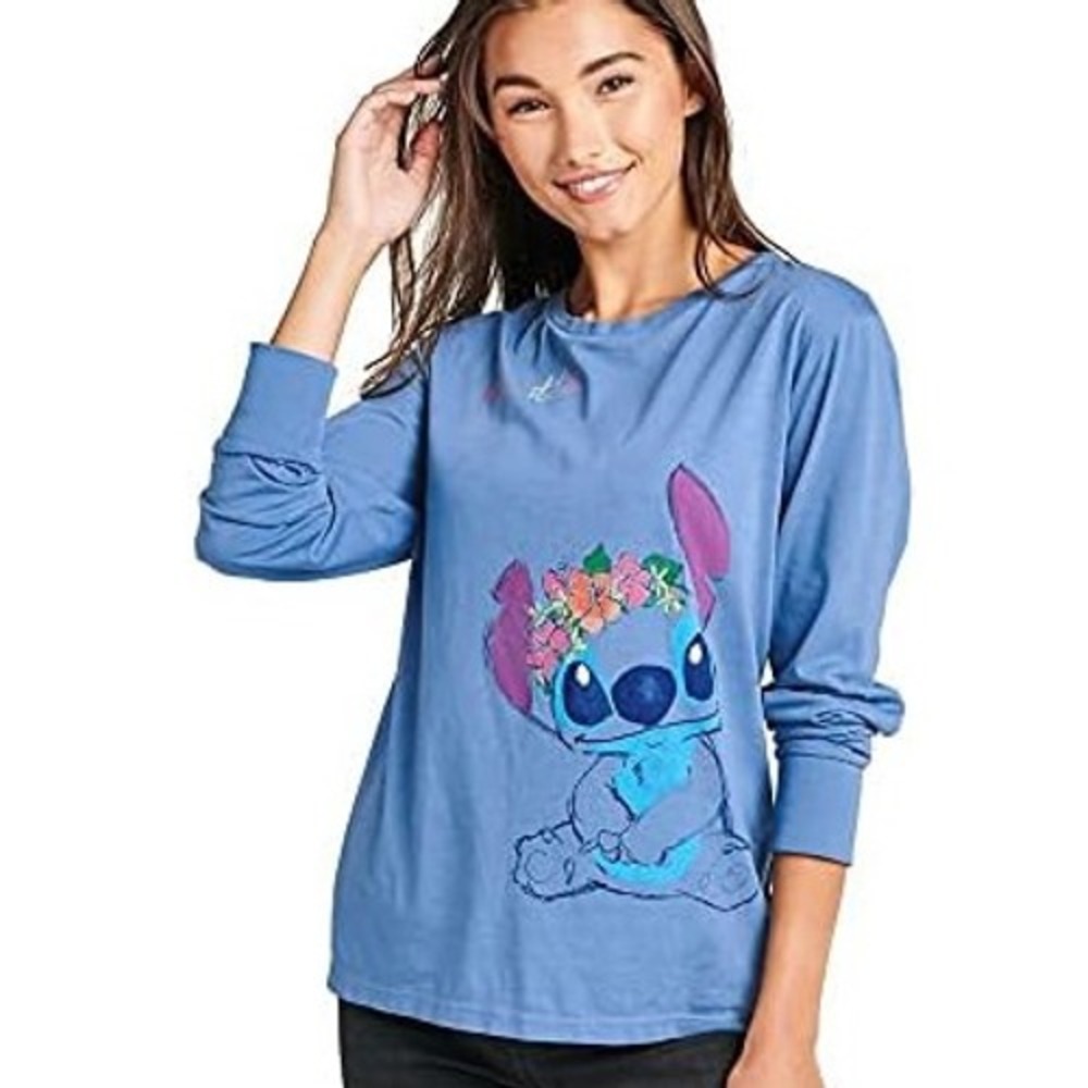 Disney Parks Lilo and Stitch Flower Crown Long Sleeve Graphic Tee Blue Small NEW